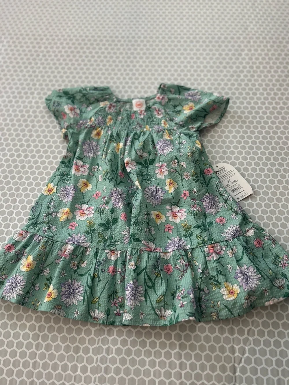 NWT Green Floral Smocked Dress with Pink, Yellow & Purple Flowers Size 3T